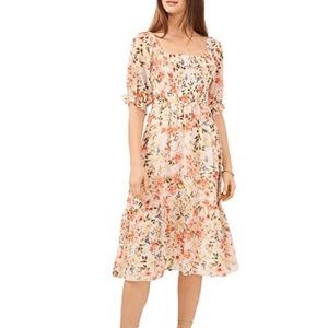 1.STATE smocked square neck floral long sleeves dress
